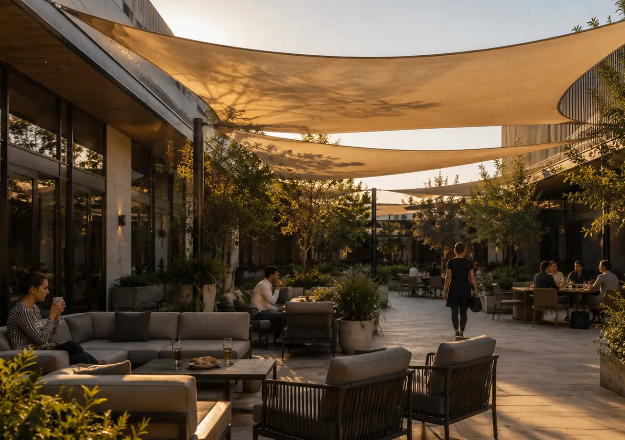 Espacio comercial exterior con zonas de permanencia bajo velas de sombra