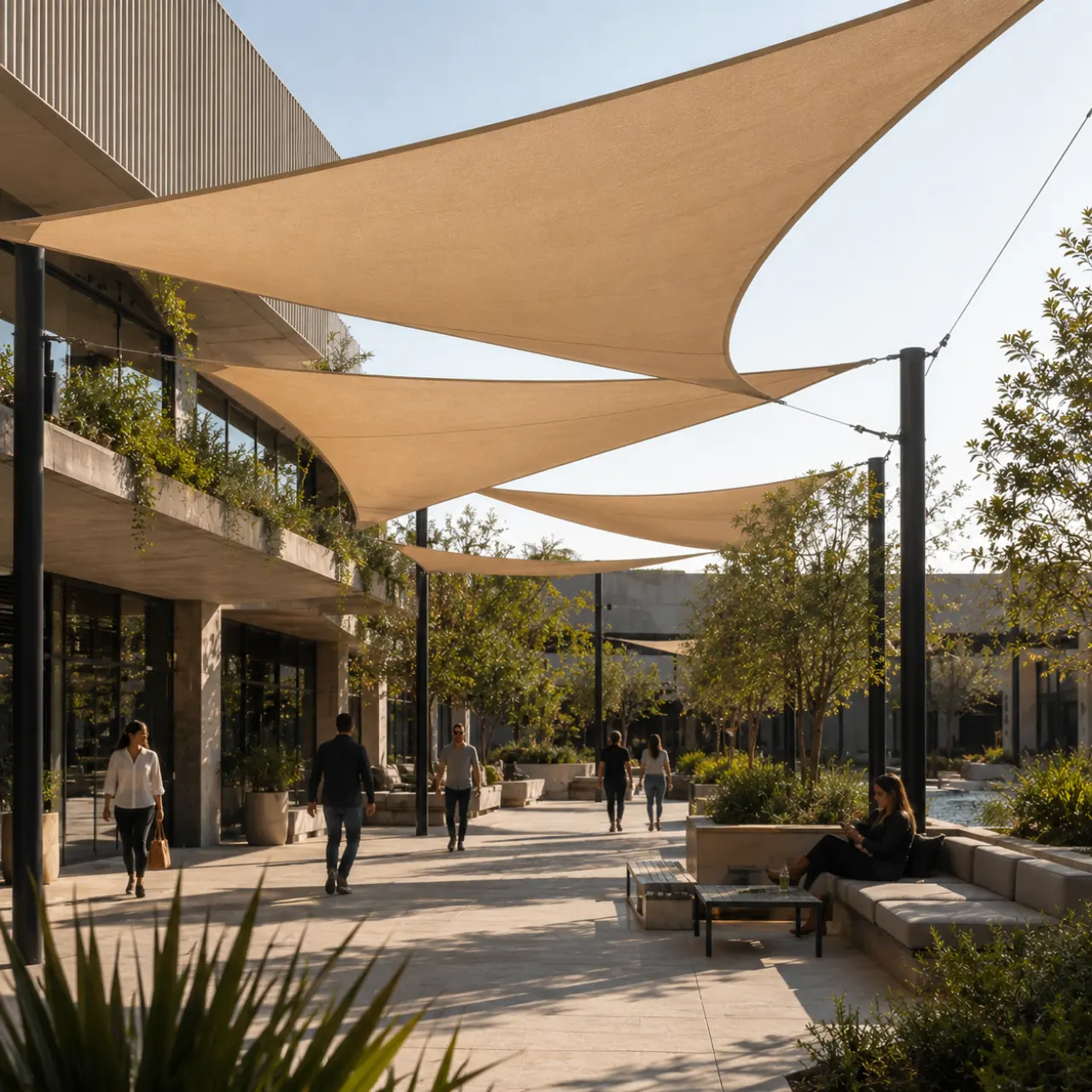 Espacio comercial exterior con instalación de velas de sombra